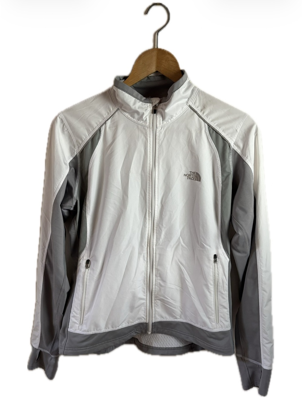 The North Face white and gray full-zip athletic jacket